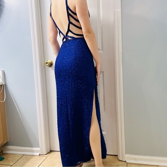Vintage Prom Dress Formal Long Silk Beaded Open Back Blue Leg Slit Event Small - Picture 3 of 9